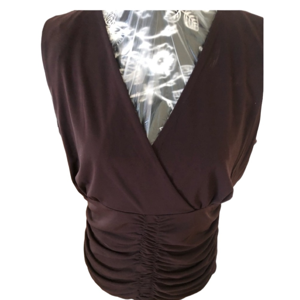 Bandolino size large dark brown sleeveless V-neck faux wrap shirred